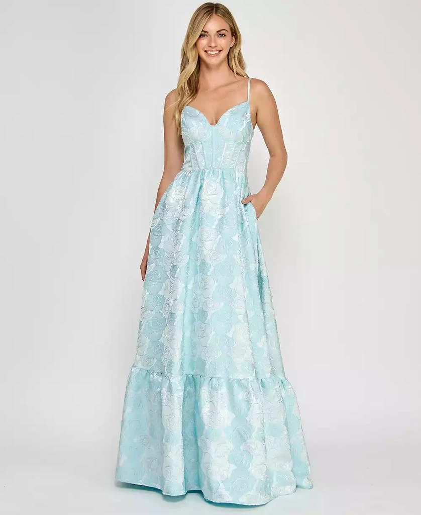 Crystal Doll Juniors' Sleeveless Brocade Corset Gown 1
