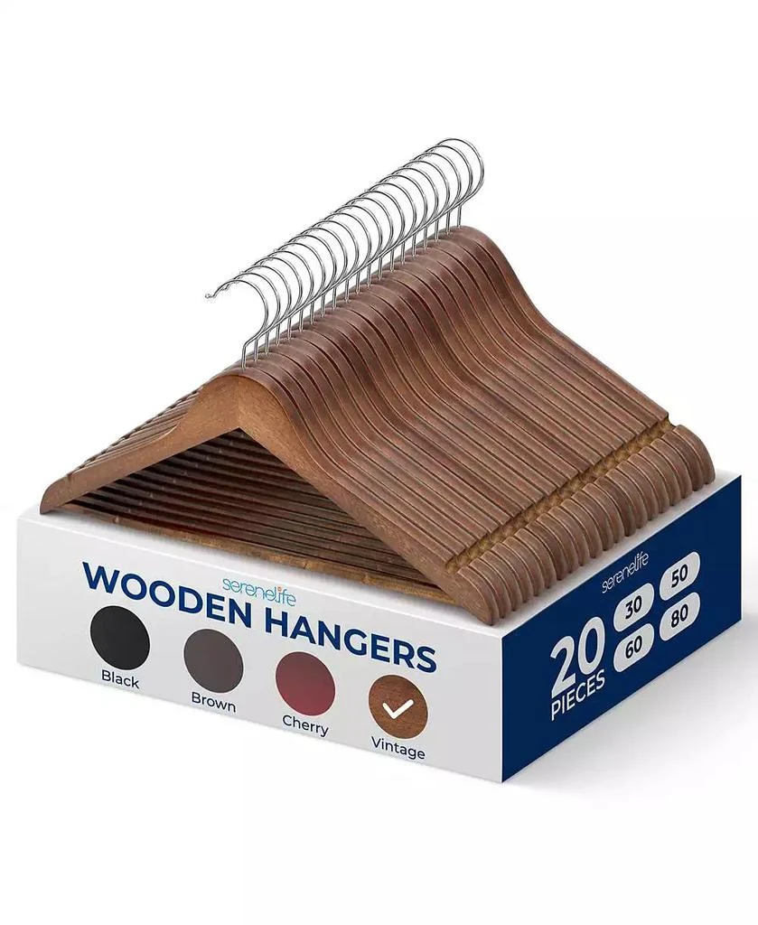 SereneLife 20 Pieces Wooden Hangers - Non-Slip, Sturdy, and Heavy Duty Suit Hanger Set with Chrome 360° Swivel Hook (Vintage)