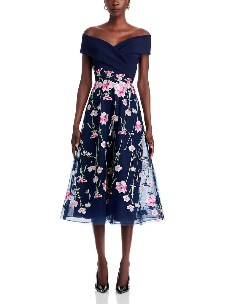 Teri Jon Crepe Off-the-Shoulder Embroidered Tulle Dress 7