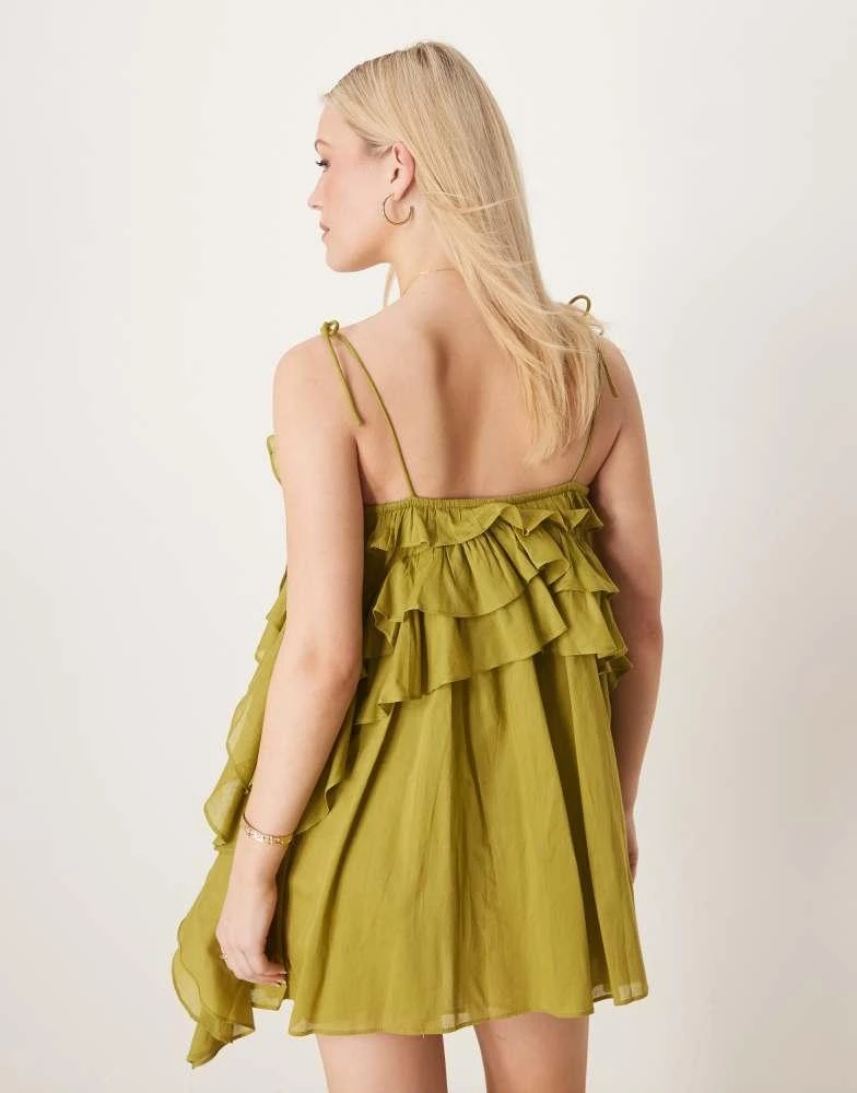 ASOS ASOS DESIGN scoop neck ruffle mini dress with tie straps in green 3