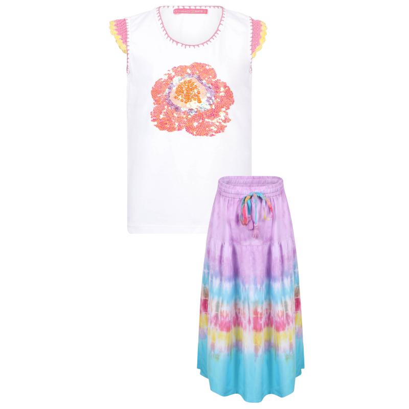 Spinach Mafia Sequins flower crochet detailing t shirt and tie dye long skirt set in white pink blue purple and rainbow colors