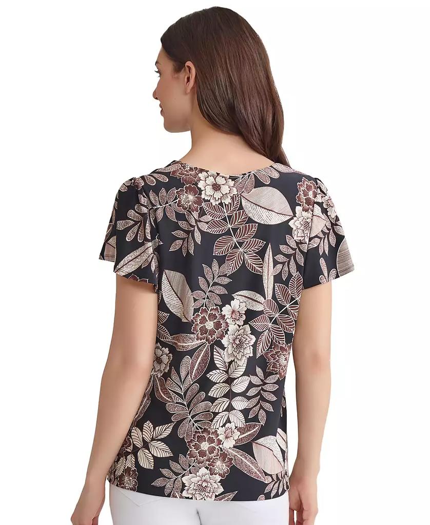 JONES NEW YORK Women's Printed Embellished-Neck Flutter-Sleeve Top