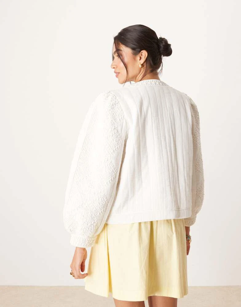 Mango Mango cotton embroidered collarless jacket with puff sleeves in white 2