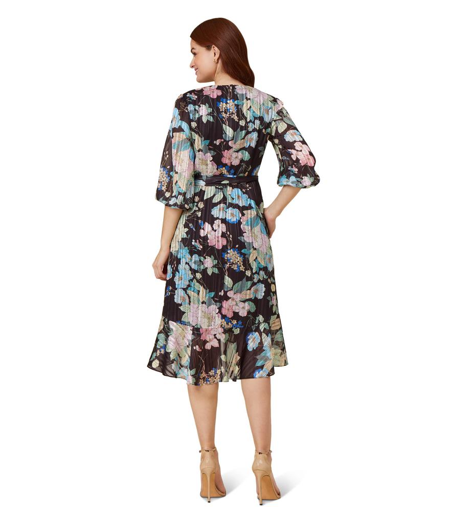 Adrianna Papell Printed Floral Chiffon Wrap Dress with Ruffle Hem