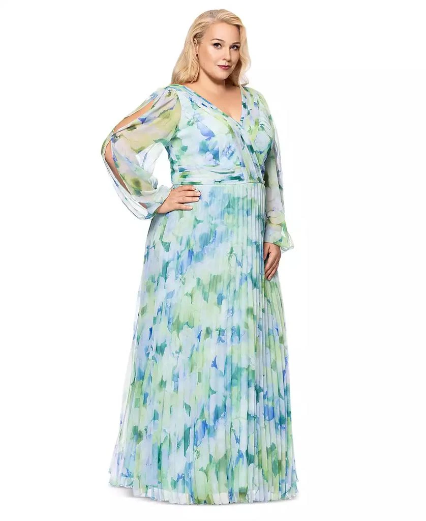 Betsy 
Adam Plus Size Printed Pleated Long-Sleeve Gown 1