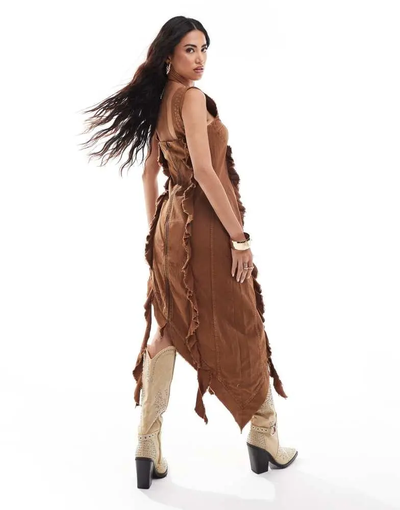 ASOS ASOS DESIGN washed twill midi dress with raw edge and asymmetric hem in chocolate 4