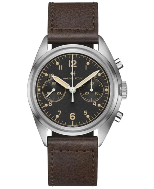 Hamilton Hamilton Khaki Aviation Pilot Pioneer Mechanical Chronograph Black Dial Brown Leather Strap Men's Watch H76409530 1