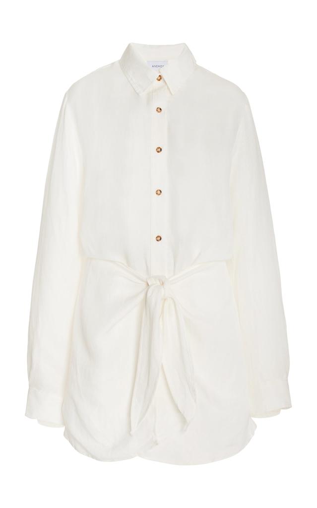 Anemos Anemos - The L.A. Linen-Blend Mini Wrap Shirt Dress - White - XL - Moda Operandi