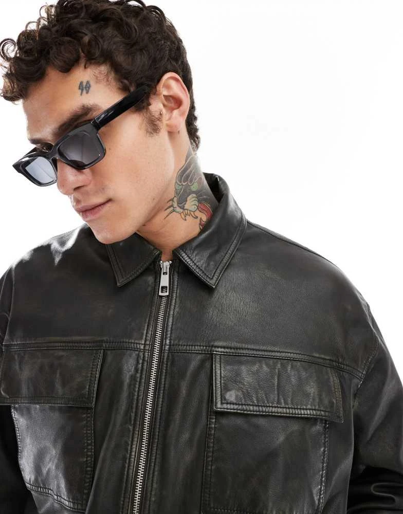 ASOS ASOS DEISGN Premium real leather oversized distressed harrington jacket in black 3