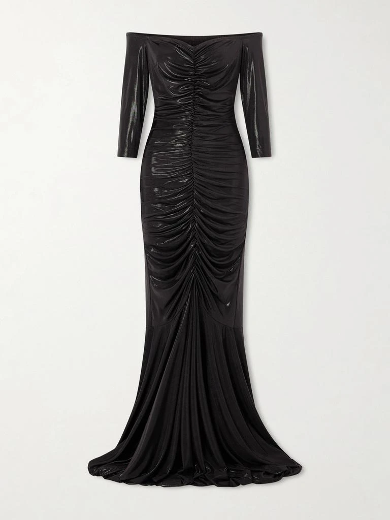 Norma Kamali Off-shoulder Ruched Stretch-lamé Gown