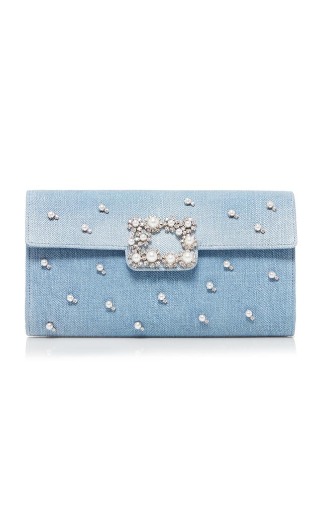 Roger Vivier Roger Vivier - Pearl-Embellished Denim Clutch - Blue - OS - Moda Operandi