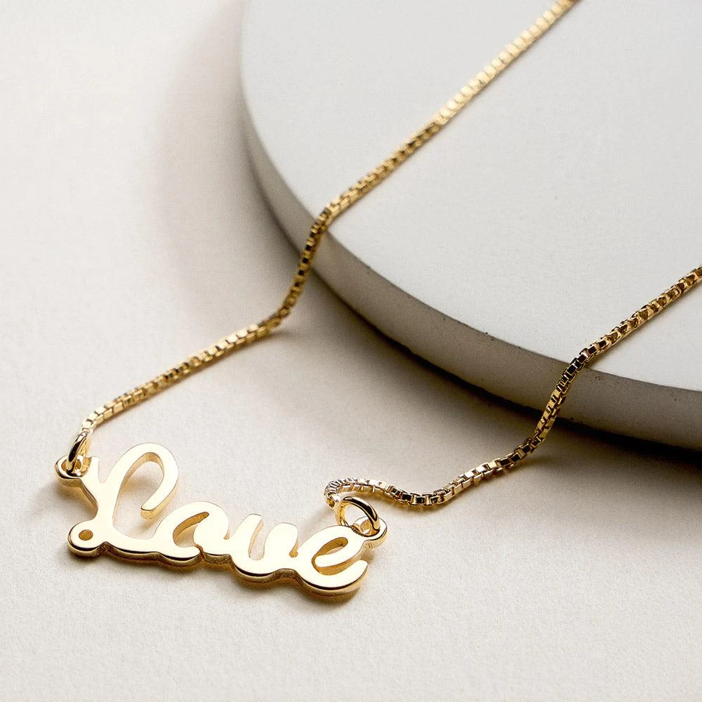 FASHNZFAB 18K Gold Filled Script LOVE Name Plate Pendant Necklace