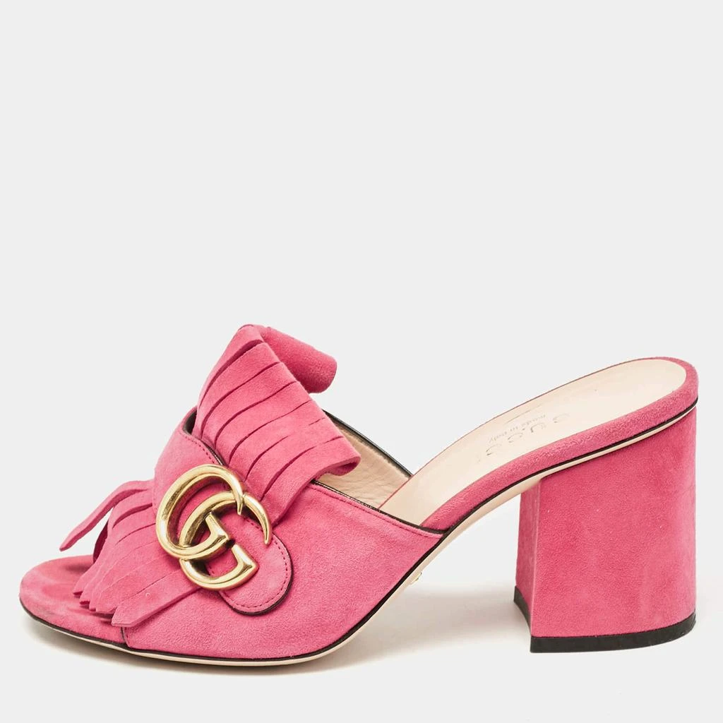 Gucci Pink Suede Double G Fringe Details Block Heel Slide Sandals
