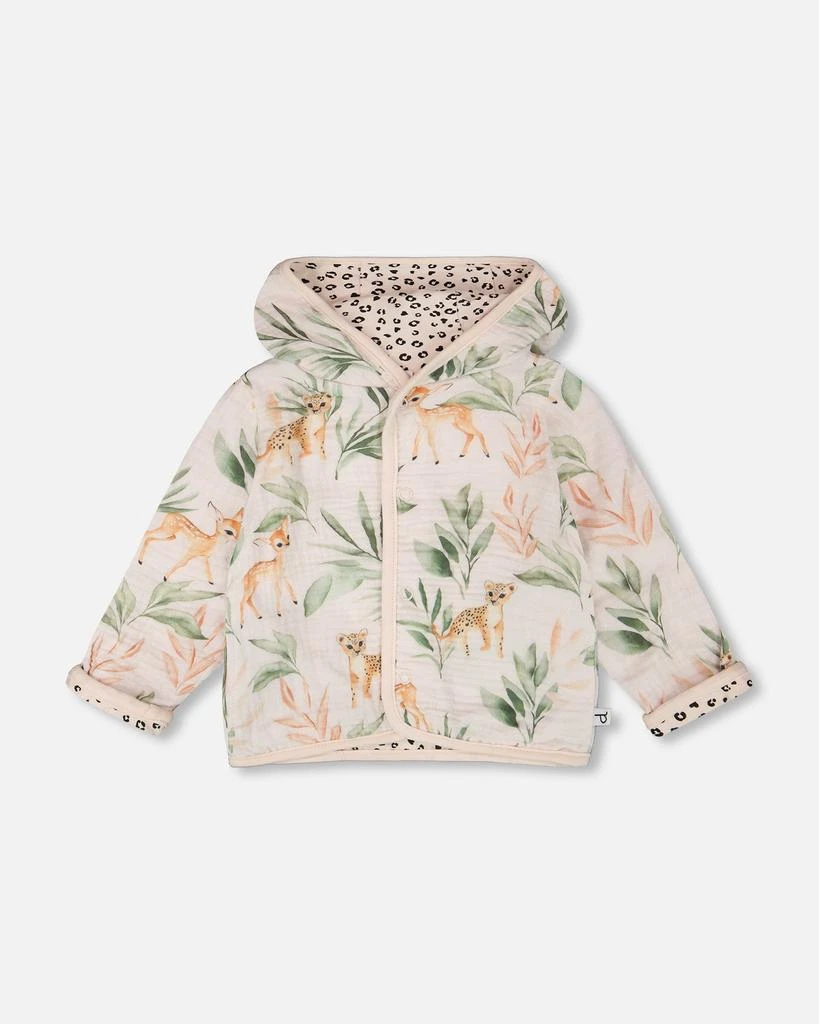 Deux par Deux Muslin and Organic Cotton Jersey Reversible Hooded Jacket Peach Deer/Leopard Print
