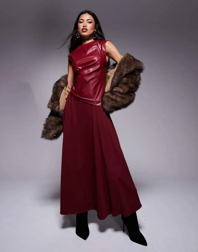 Shop ASOS DESIGN pu bodice with flowy skirt maxi dress in burgundy on Sale  at BeyondStyle  Get 24% Off ASOS DESIGN pu bodice with flowy skirt maxi  dress in burgundy with
