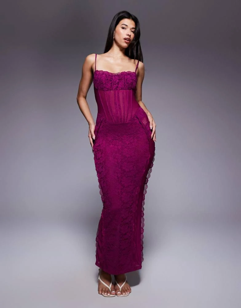 Murci exclusive sheer lace corset detail cami maxi dress in purple Murci exclusive sheer lace corset detail cami maxi dress in purple