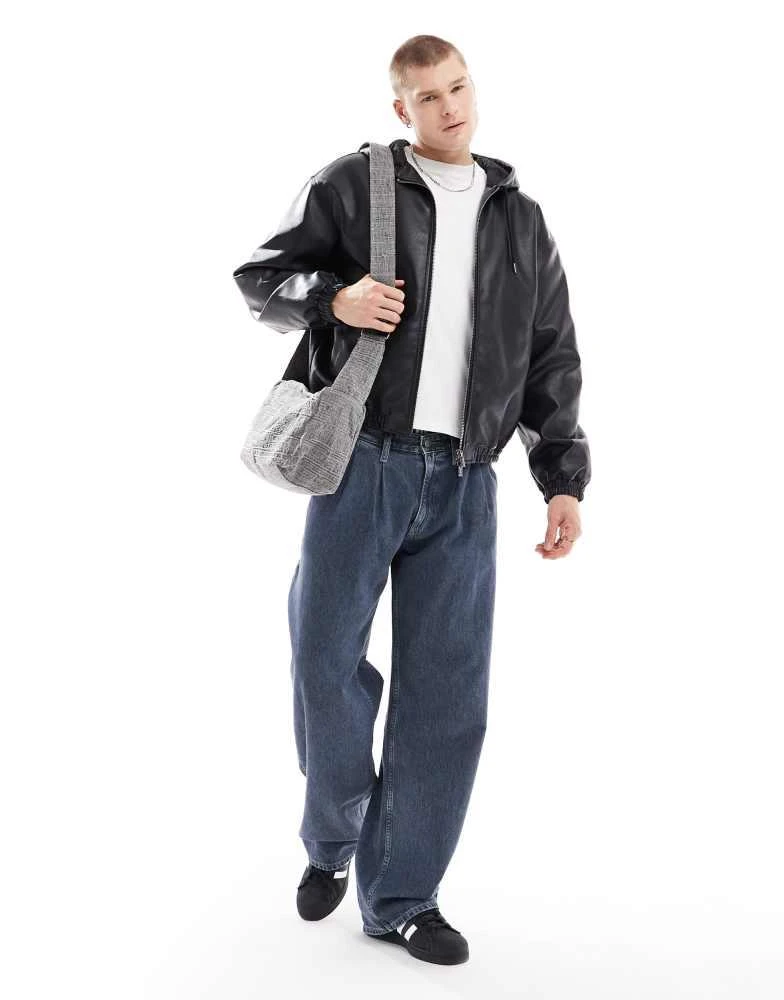 Bershka Bershka boxy fit faux leather jacket with hood in black 4