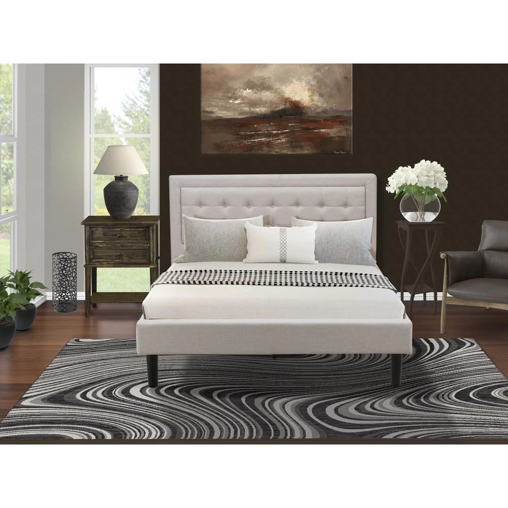 East West Furniture FN08Q-1VL07 2-Piece Fannin Bedroom Furniture Set with 1 Upholstered Bed and an End Table for bedroom - Mist Beige Linen Fabric