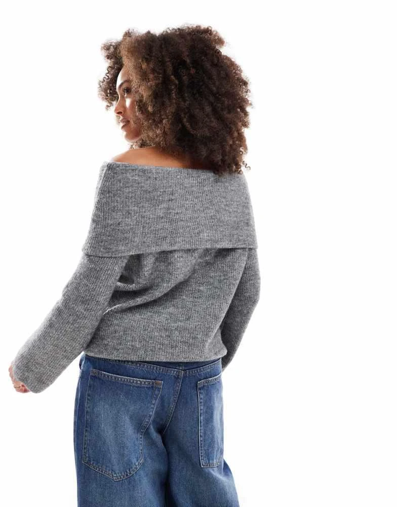 VERO MODA Vero Moda slouchy off shoulder jumper in medium grey melange 3