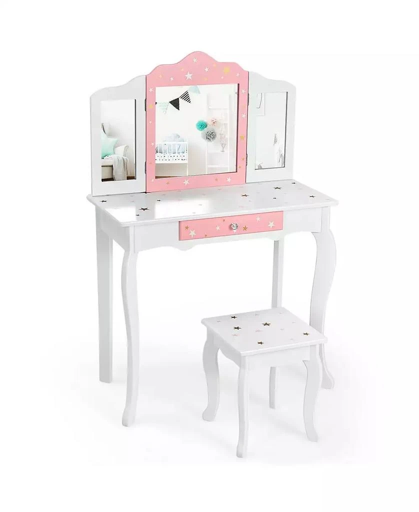 GOUUN Kids Princess Vanity Table and Stool Set with Tri-folding Mirror and Drawer