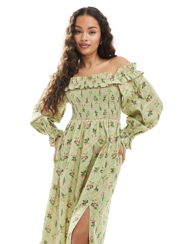 Miss Selfridge Miss Selfridge Petite printed linen bardot maxi dress in green floral 4