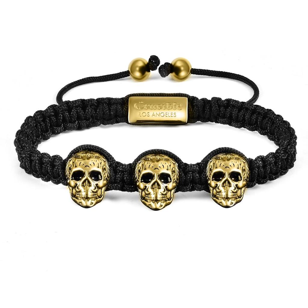 Crucible Jewelry Three Gold IP Skulls on Shocker Tie Woven Bracelet