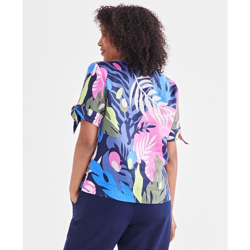 Charter Club Petite 100% Linen Palm Print Top, Created for Macy's