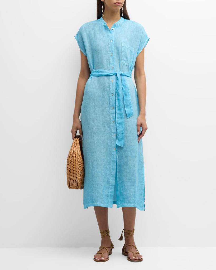 120% Lino Belted Cap-Sleeve Linen Midi Shirtdress