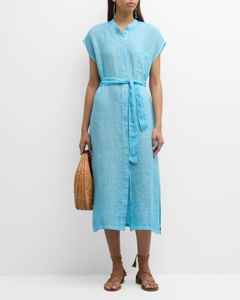 120% Lino Belted Cap-Sleeve Linen Midi Shirtdress 1