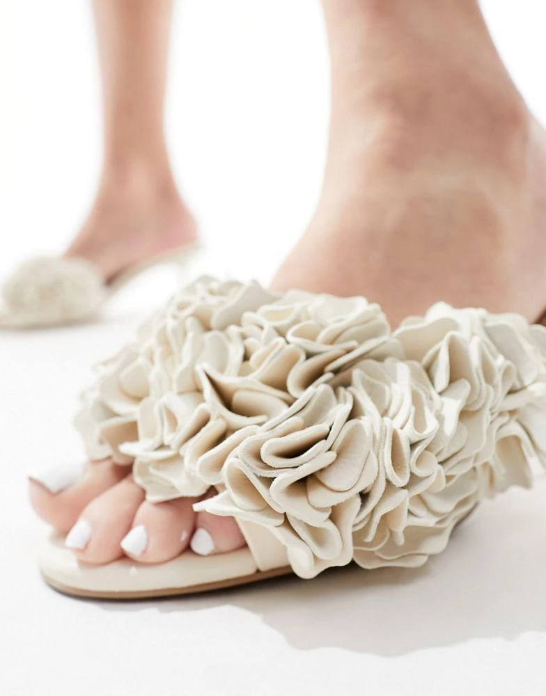& Other Stories & Other Stories leather heeled mules with layered flower detail in off-white 3