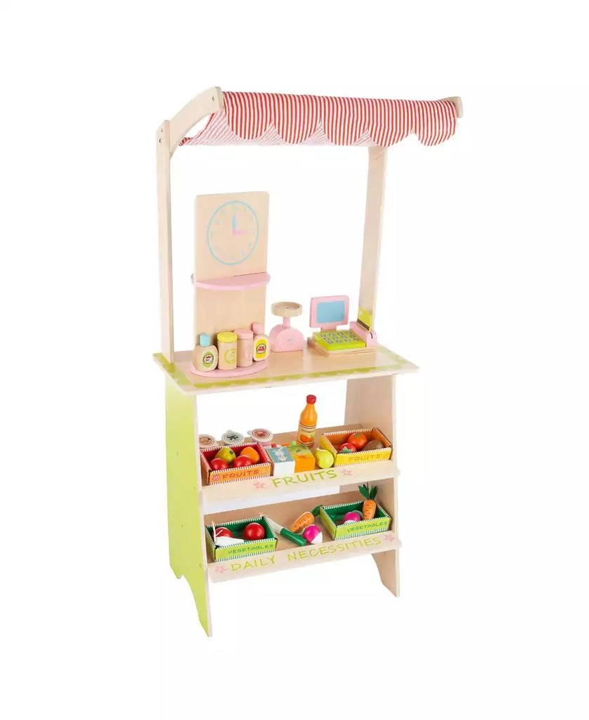 Trademark Global Hey Play Kids Fresh Market Selling Stand - Wooden Grocery Store Playset With Toy Cash Register, Scale, Pretend Credit Card And Food Accessories 1