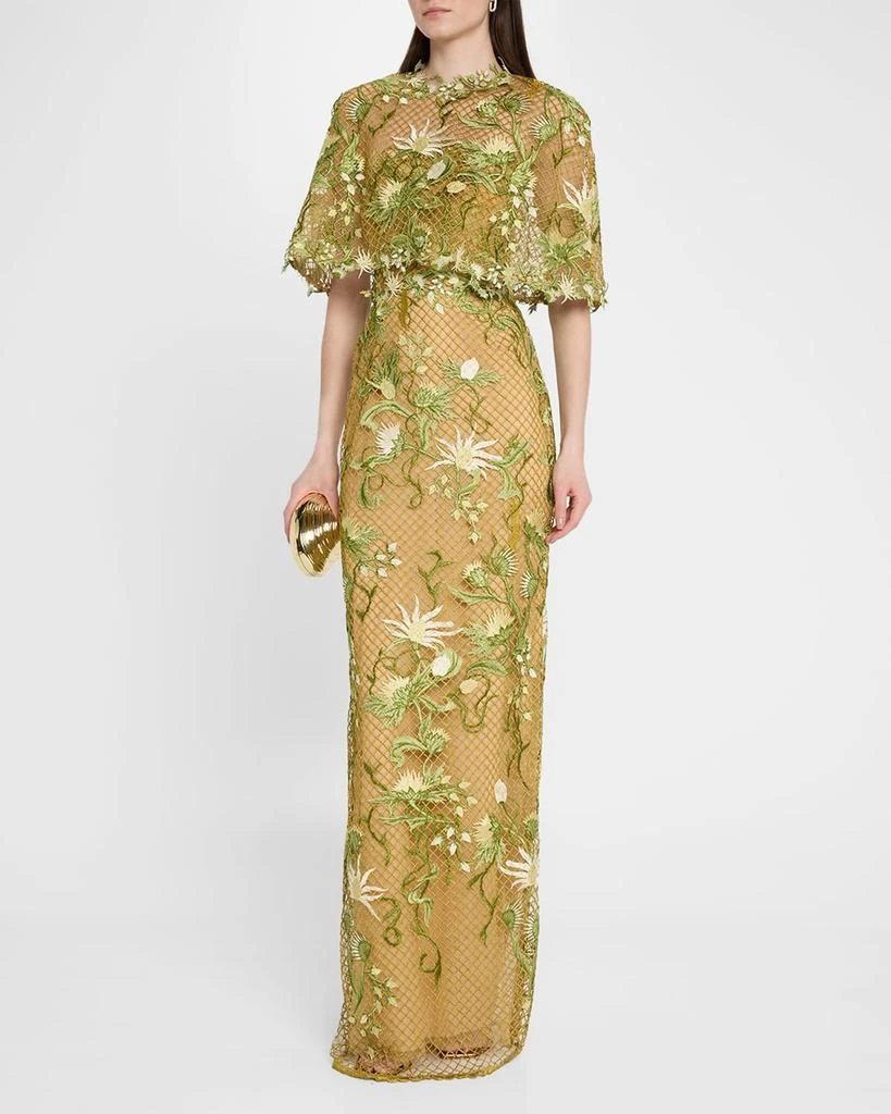 MARCHESA Floral-Embroidered Capelet Column Gown 2