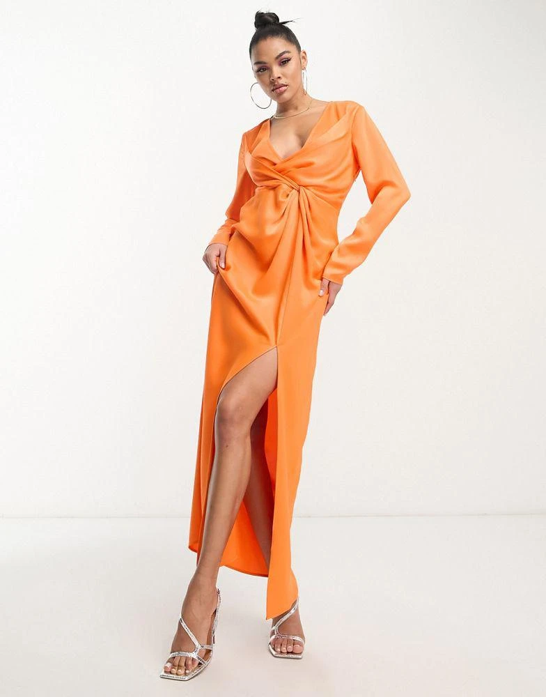 Something New Something New X Klara Hellqvist satin twist front plunge maxi dress in sunset orange 1