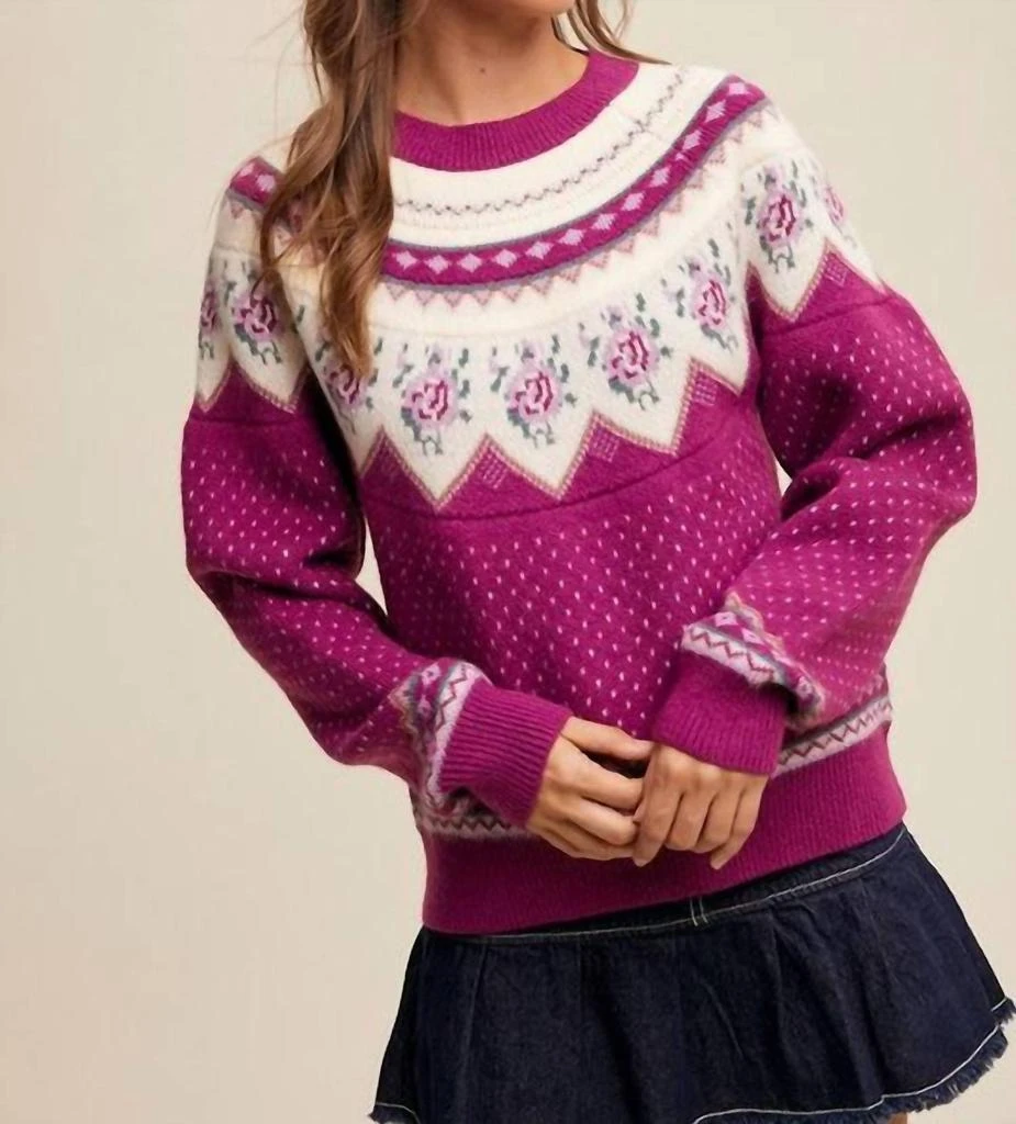 Listicle Vintage Flower Crew Neck Sweater In Plum 2