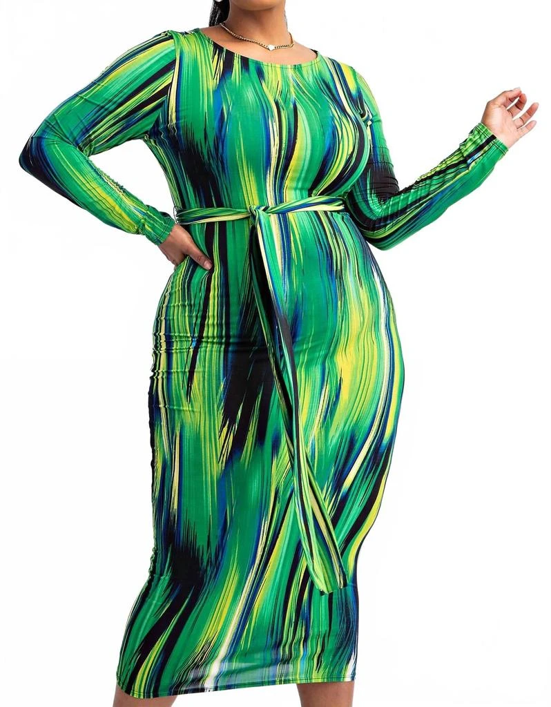 The Curve LA Plus Size Long Sleeve Midi Dress With Self-Tie Belt In Green Multi 1