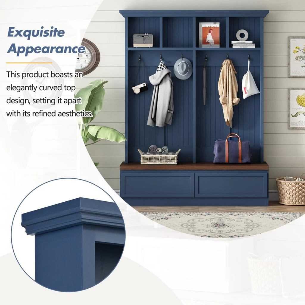 Streamdale Furniture Streamdale Farmhouse 4-in-1 Hall Tree with Wood Grain Bench, Coat Rack, 2 Drawers, Blue, 55.9"W 5