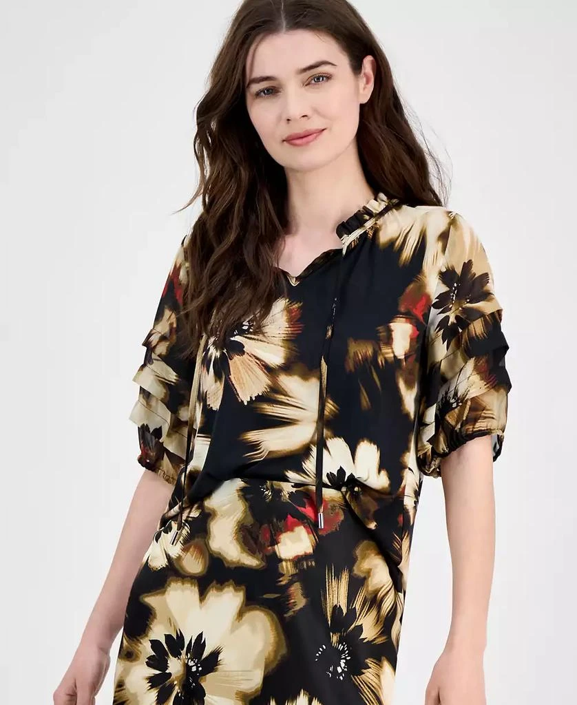 Anne Klein Women
s Pleated-Sleeve Floral-Print Split-Neck Top 1