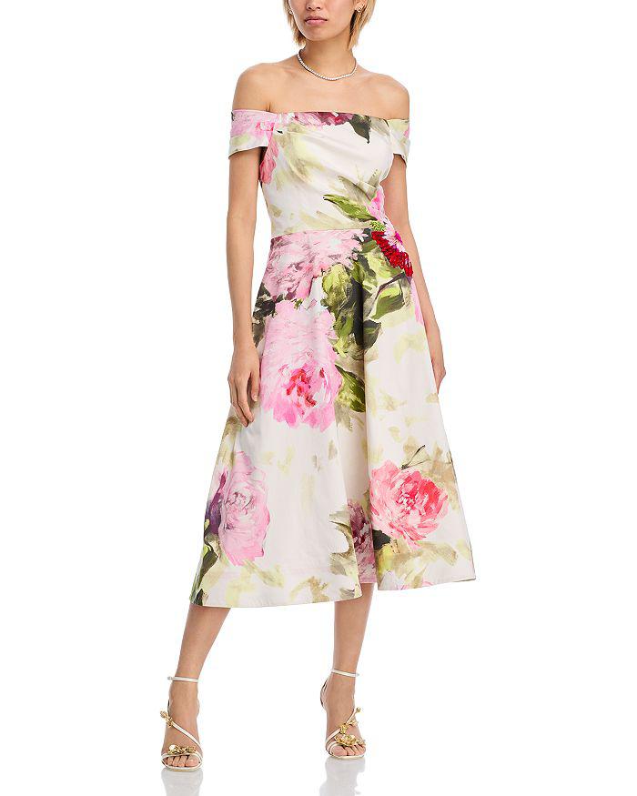 Teri Jon Off-the-Shoulder Cotton Dress with Beaded Flower Waist