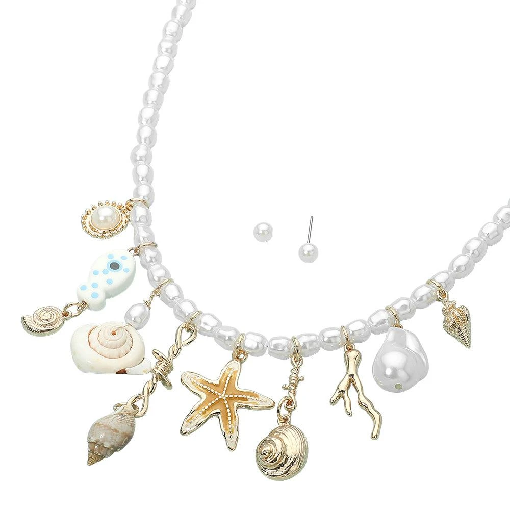 FASHNZFAB Coastal Starfish Shell Fish Charm Station Beaded Pearl Necklace 2