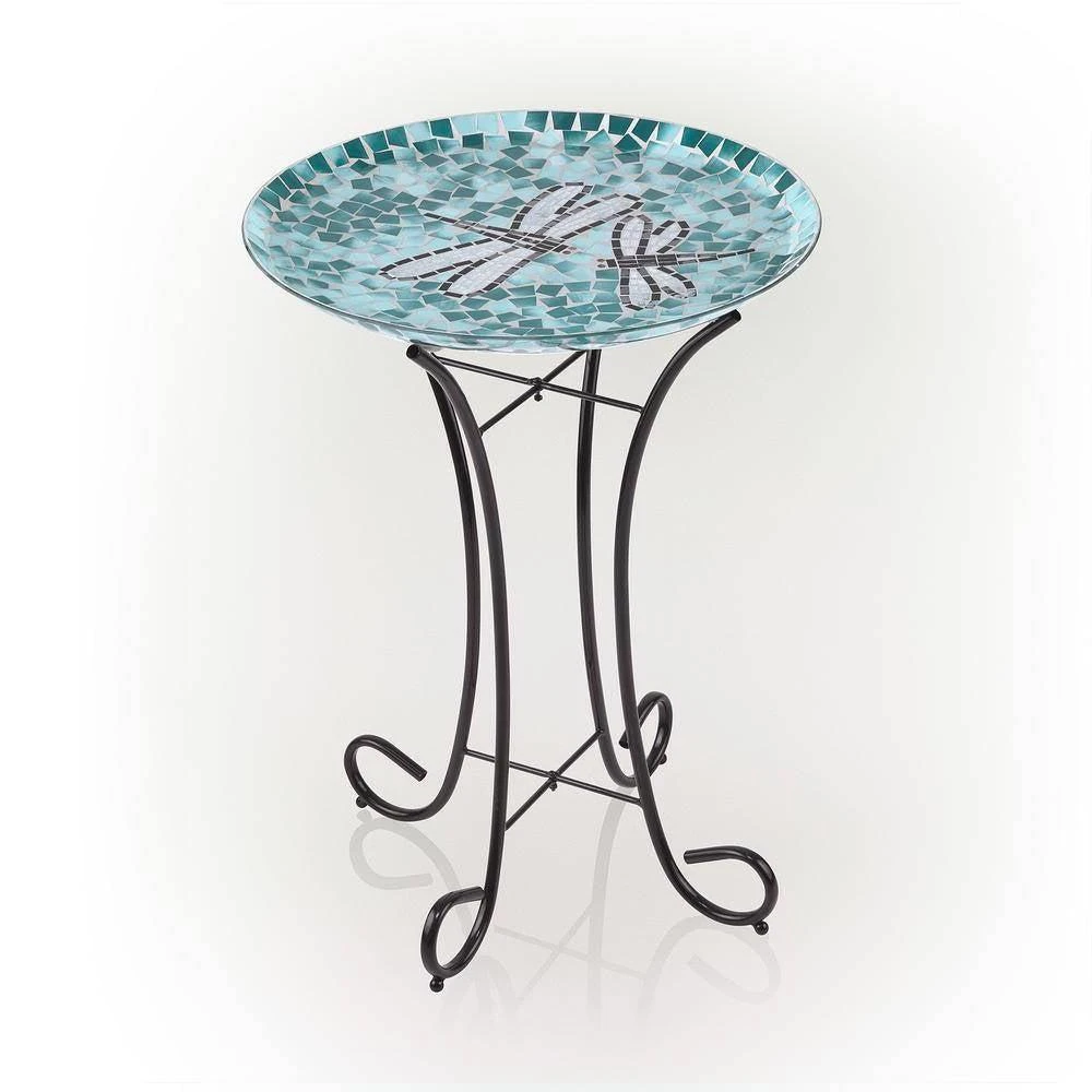 Hivvago Teal Green Blue White Mosaic Glass Birdbath Bowl with Black Metal Stand