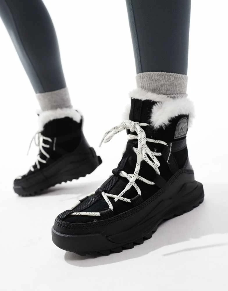 SOREL Sorel ONA RMX Glacy Plus WP waterproof fleece lined suede snow boots in black and sea salt 2
