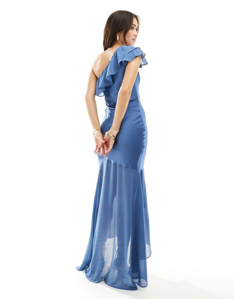 TFNC TFNC Bridesmaid satin one shoulder ruffle maxi dress in aster blue 3