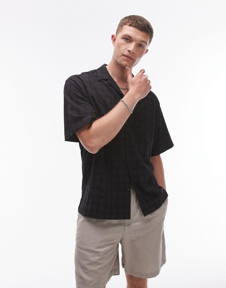 Topman Topman short sleeve textured grid shirt in black