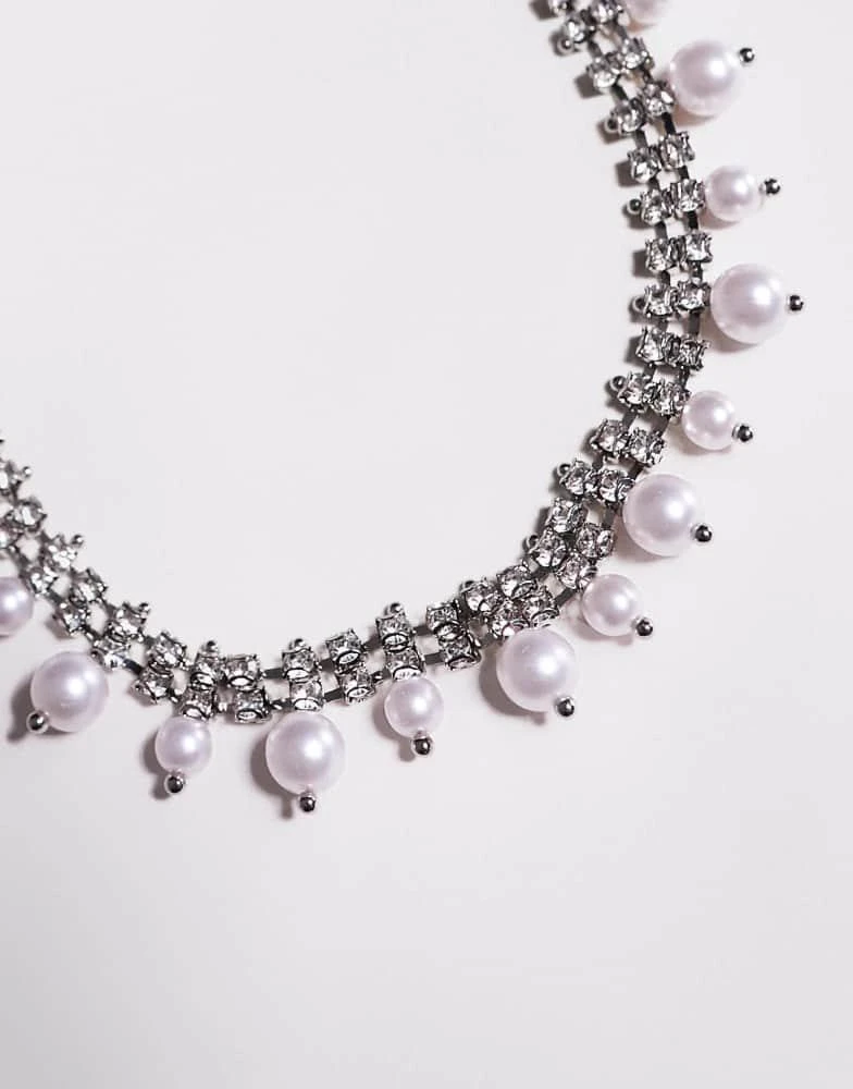 ASOS ASOS DESIGN choker necklace with crystal cupchain and faux pearl design in silver tone 2