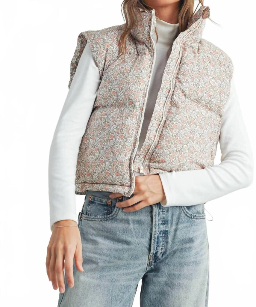 Buttermelon High Neck Floral Puffer Vest In Blush