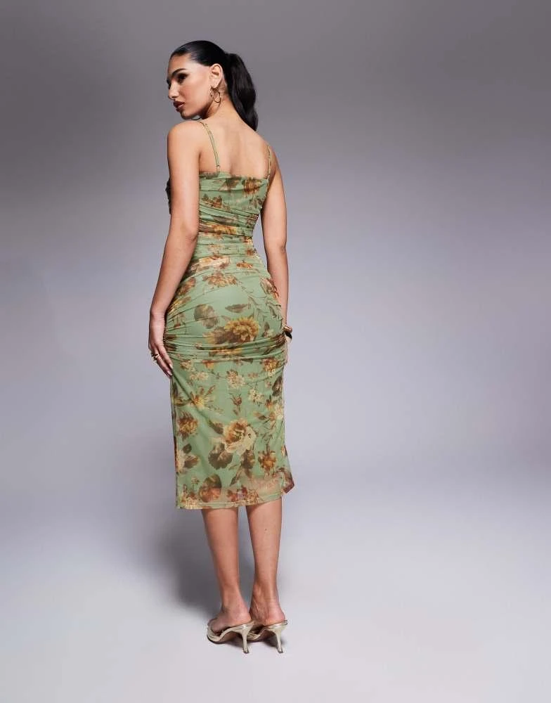 Lulu's Lulus ruched mesh midi dress in sage floral 4