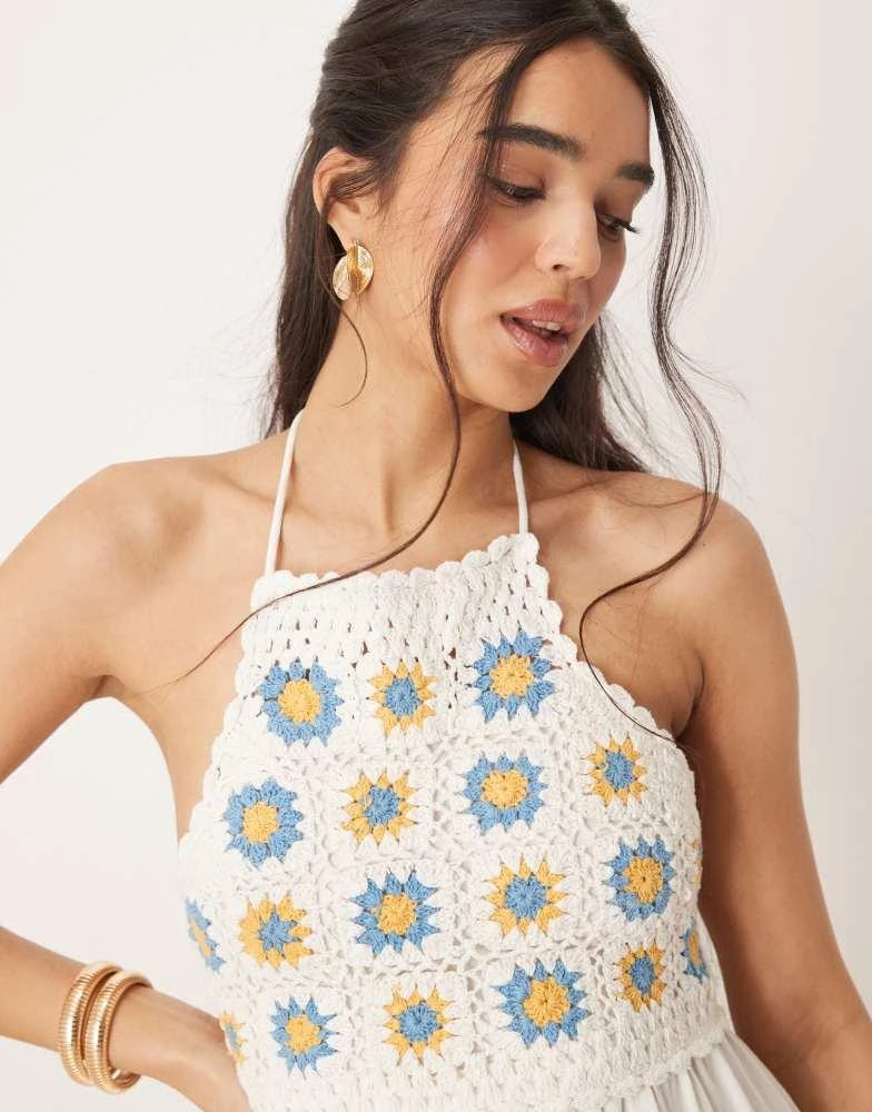 ASOS Design crochet bust halter mini dress in cream-White