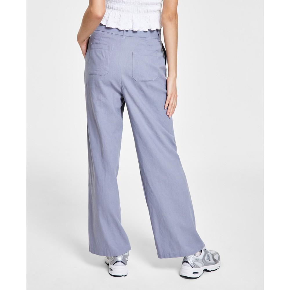 Rewash Juniors' High-Rise Linen Wide-Leg Pleat-Front Trouser Pants