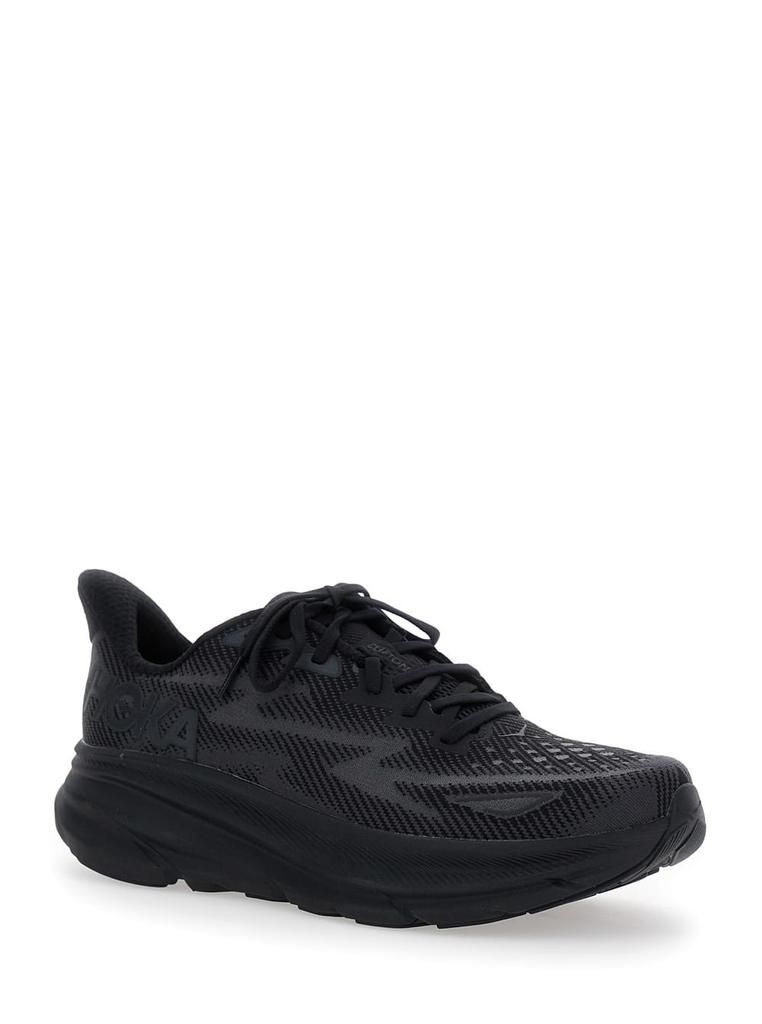 Hoka One One clifton 9 Black Sneakers With Zig Zag Embroidery And Side Logo Print In Rubber Unisex