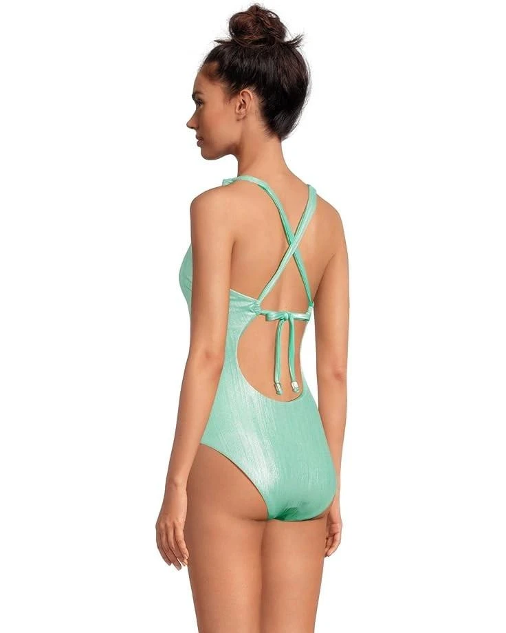 Becca BECCA Oragami Swimsuits Women's  Aqua Sea Textured Knotted One Piece NWO59 3